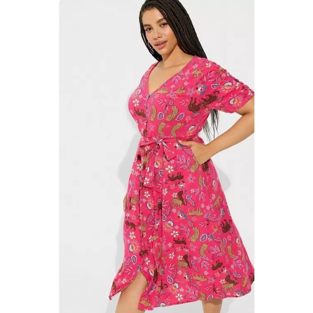 Torrid Pink Leopard Floral Midi Dress Size 0X Button Front Pockets Cottagecore - Picture 4 of 7